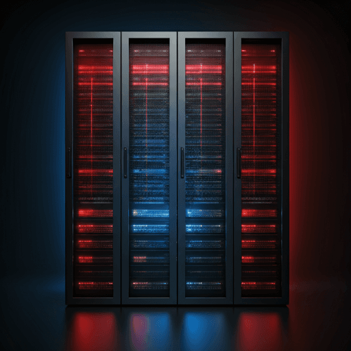 Visualización abstracta de racks de servidores en centro de datos con iluminación neón azul y roja, representando infraestructura de alto rendimiento.